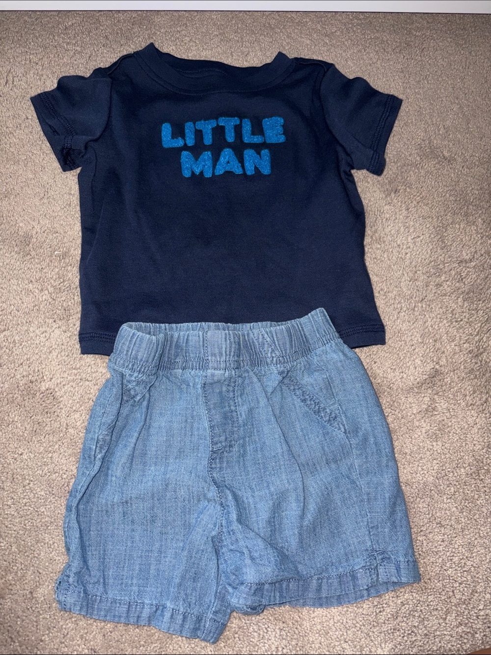 First Impressions Navy Tee with Blue 'Little Man' and Light Blue Shorts